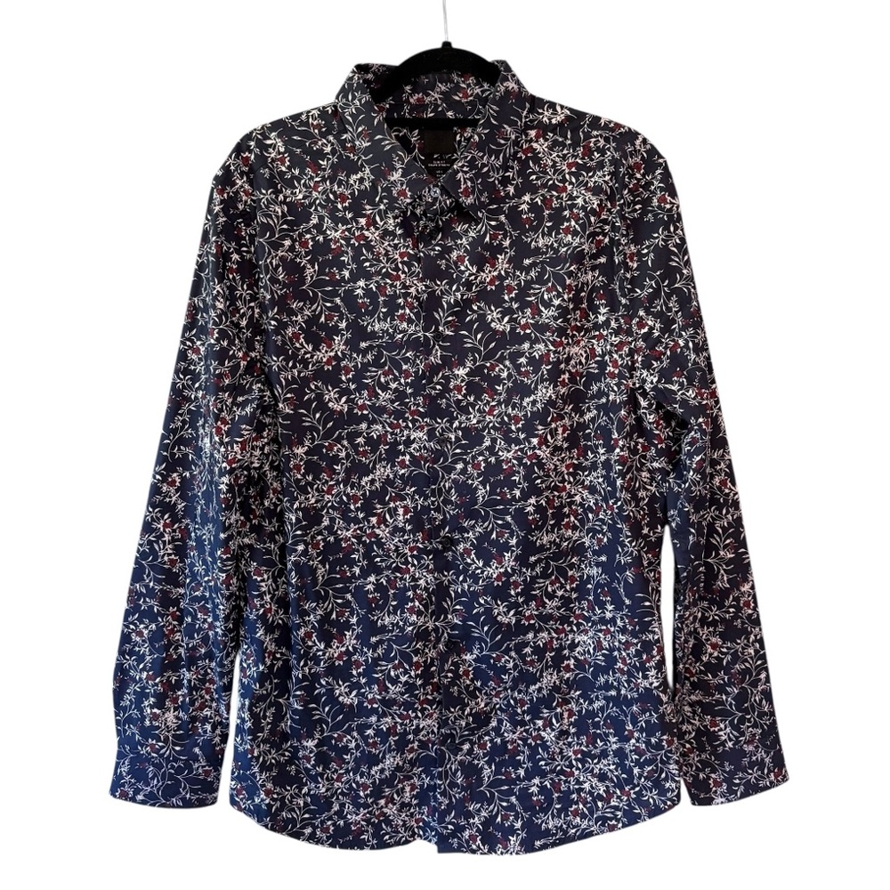 H&M Men's Slim Fit Floral Print Button Down Shirt Navy Burgundy Size Large
